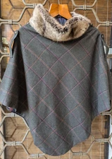 Joules Cape wool blend One Size Hazelwood Tweed Check Poncho Faux Fur Collar