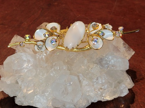 Vintage Gold Tone Enamel ?Quartz Floral Rhinestone Brooch Marked Austria - Picture 7 of 11