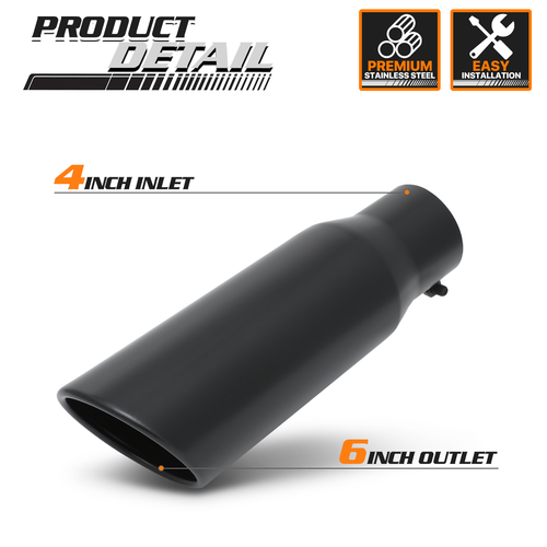 Black 12"Exhaust Pipe Tail End 4"Inlet 6"Outlet Stainless Steel Muffler Roll Tip - Foto 3 di 10