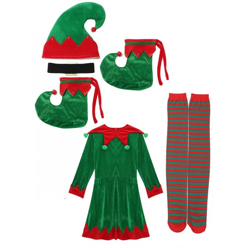 Womens 5-Piece Suit Dress Velvet Elf Costumes Pompom Costume Striped Stockings - Picture 8 of 26