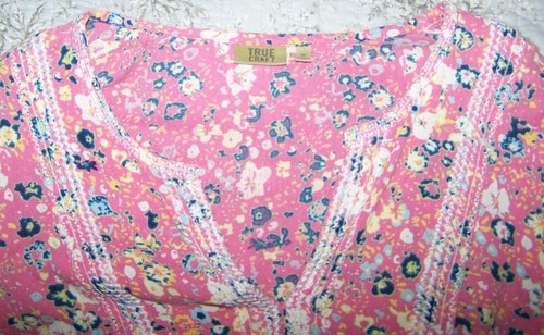 True Craft Medium Pink Floral Short Dress Embroidery Boho Peasant 3/4 Sleeve EUC - Picture 9 of 11