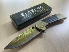 8" Gold Heavy Titanium Damascus Etched Stainless Steel Spring Assisted Knife