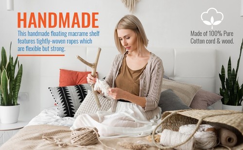 Handmade Macrame Wall Hanging Shelf - Decorative Floating Bohemian Shelf - Picture 3 of 10