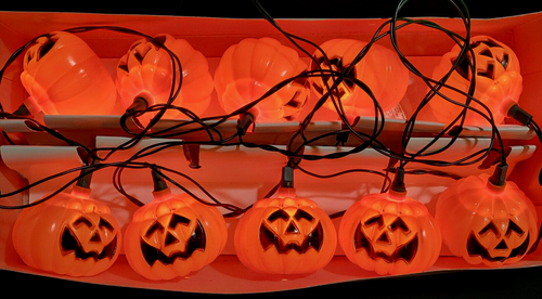 Vtg Halloween Blow Mold Pumpkin Jack O Lantern String Lights Set of 10 Boxed - Picture 3 of 24