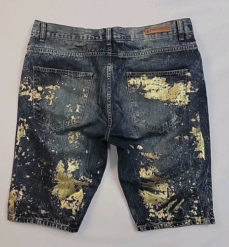 Evolution In Design Y2K Baggy Hip Hop Gold Spatter Shorts Sz 38 - Picture 7 of 9