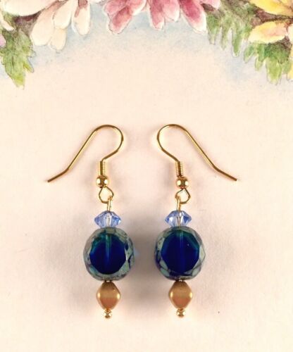 Czech Picasso Blue Crystal Earrings Gold Jewelry Artisan Handcrafted Items New
