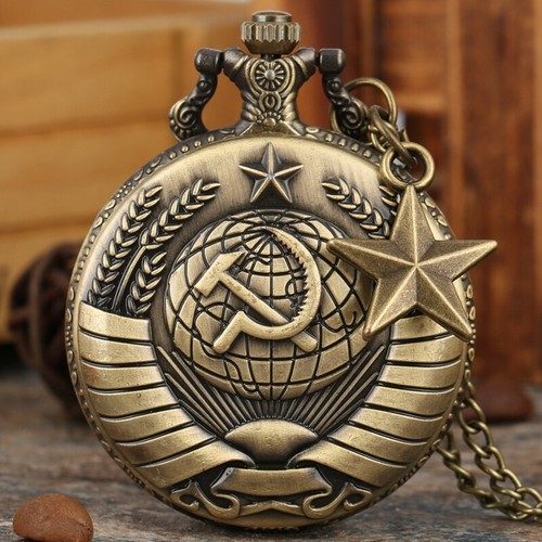 Retro Russia Soviet Sickle Hammer Quartz Pocket Watch Necklace Chain Souvenir - Picture 9 of 14