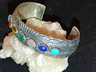 Glorious Native American Navajo Signed Multi Color Purple Opal Sterling Silver Bracelet Glorious Native American Navajo Signed Multi Color Purple Opal Sterling Silver Bracelet