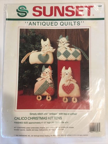 Sunset CALICO CHRISTMAS KITTENS Antiqued Quilts 18007 New 1989 USA Plush Cottage - Picture 2 of 4