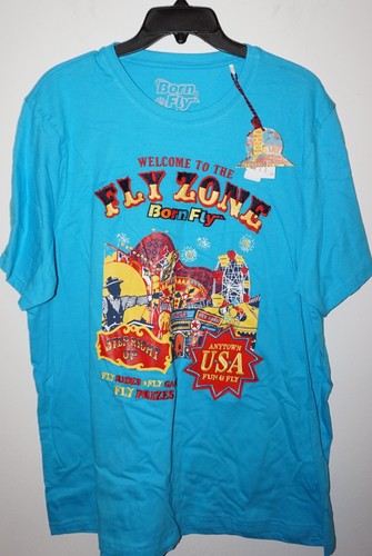 BORN FLY Mens T-Shirt Embroidered Aqua Blue 2XL 100% Cotton Anytown USA NWT - Picture 2 of 2