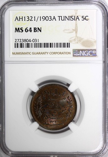 TUNECINA Muhammad al-Hadi Bey AH1321/1903A 5 céntimos NGC MS64 BN KM# 228 (031) - Imagen 2 de 4