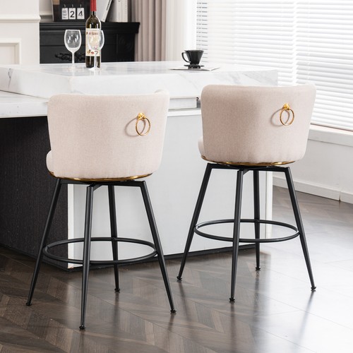 Set of 2 Beige Swivel Bar Stools - High-Back,Adjustable,Upholstered w/Elegant Me - Picture 5 of 13