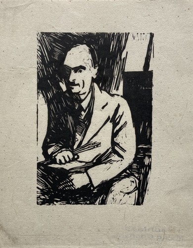 Holzschnitt Expressionist Mateo Cristiani Selbstporträt mit Pinseln im Atelier - Bild 1 von 3