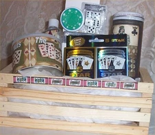 Poker Wood Crate Gift Basket Mens Nuts Cards Chips Cookies Ect