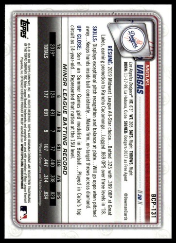 2020 Bowman Chrome Prospects Mojo Refractor Miguel Vargas #BCP-131 - Picture 2 of 2