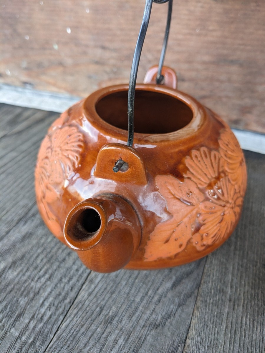 Vintage Japanese Red Clay Floral Teapot w/ Iron Coil Handle