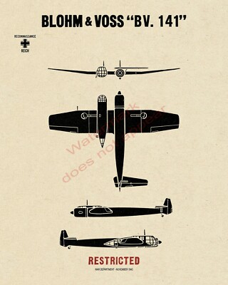 WWII German Blohm Voss BV 141 Reconnaissance Aircraft Recognition Poster V-1