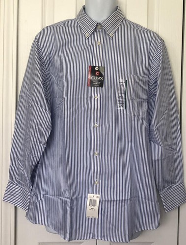 CHAPS  NWT Navy White Blue Striped Cotton Poly Dress Shirt  L 16 32-33 - Picture 4 of 7
