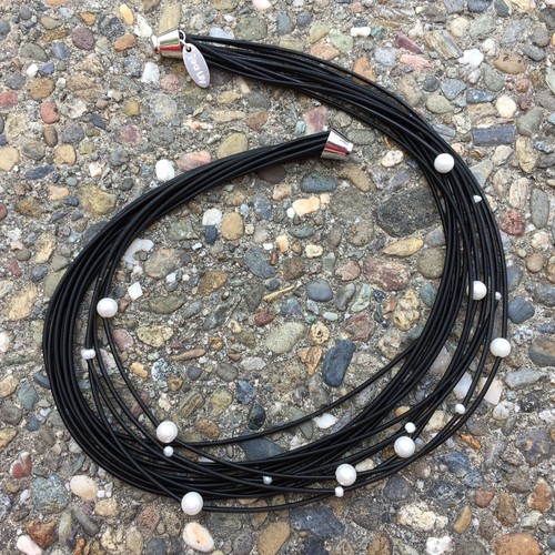 Sea Lily Necklace Piano Wire and Freshwater Pearls Black 18 Inch Multistrand - Picture 6 of 7