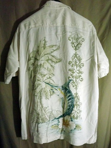 Camicia hawaiana LN Caribbean L misto seta/cotone panna stampa marlin SS con bottoni - Foto 3 di 4