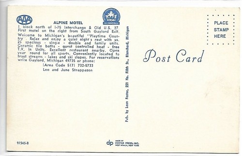 Postal de colección - Alpine Motel - Gaylord, Michigan - Imagen 2 de 2