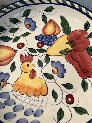 13.5” Large round Serving bowl Rooster And Fruits Baum Bros Style Eyes Red White - Picture 2 of 3