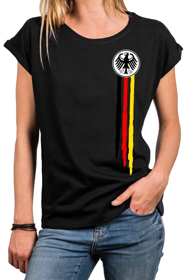 Damen Deutschland Trikot mit Fahne EM WM Fußball Fan Frauen T-Shirt Sommer Top - Bild 1 von 1