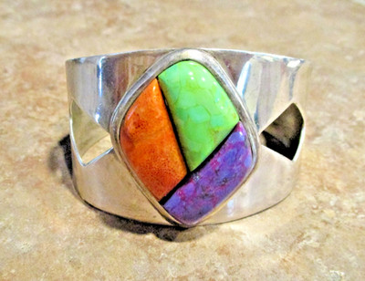 EYE CATCHING !!  COLORFUL Southwestern Sterling Silver MULTI-STONE Bracelet