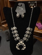Western Squash Blossom Necklace with Matching Earrings Silver and Ivory Stones