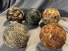 Feathered Decorative Ball Set Boho Lodge Natural Accent Home Decor