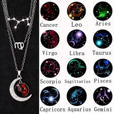 3 Pieces/Set Zodiac Retro Moon Glow Pendant Necklace Set with Birthstone Cards, 