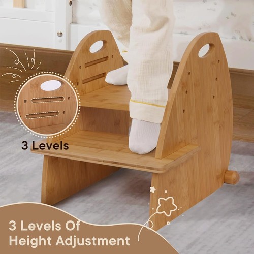 Holz 2 Stufen Hocker für Kinder, Kleinkind verstellbar dreifach höhenverstellbar Bambus - Bild 3 von 6