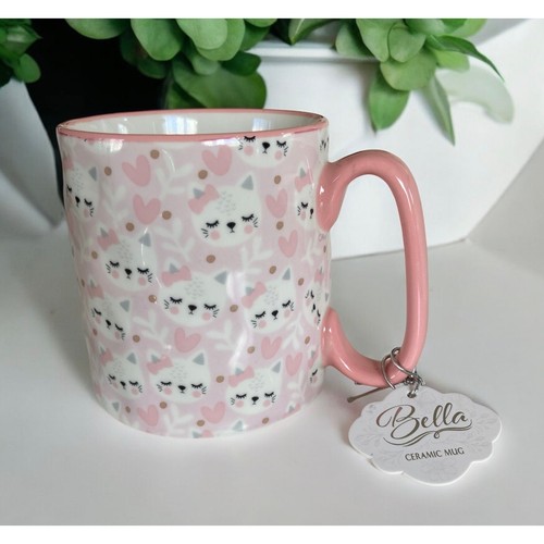 NUOVA tazza da tè caffè Bella rosa e bianco gatti cuori oro pois 16 oz - Foto 2 di 3