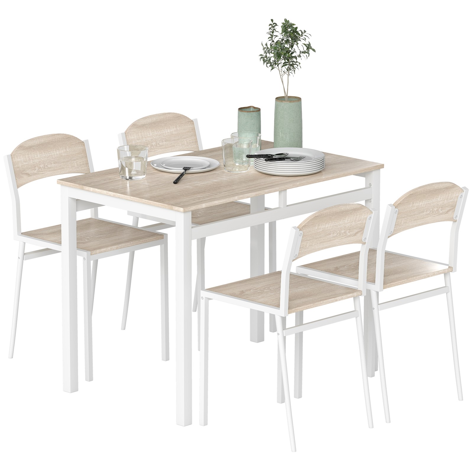 HOMCOM Set da Pranzo Tavolino e 4 Sedie Legno, Bianco in Metallo e MDF