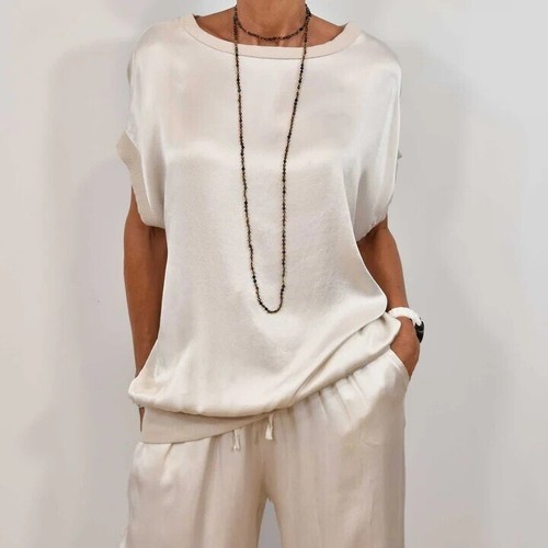 2Piece Ladies Loose Suit Casual Shirts Tops+Pants Satin Silk Outfits Co-Ord Set@ - Picture 12 of 16
