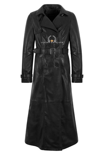 Women's Leather Trench Coat Double Breasted Full Length Waist Belt Coat Jacket - Picture 3 of 8