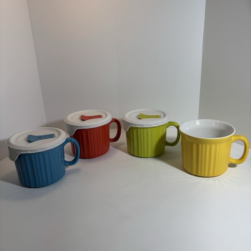 Corning Wear Colours Set of 4 Soup Mugs & 3 Lids 20oz Red Blue Green Yellow J0