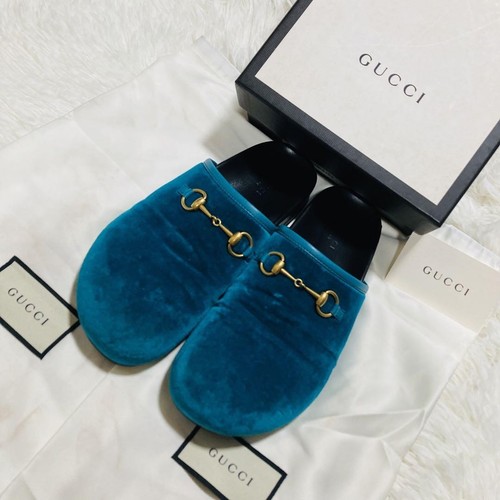 GUCCI Horsebit Velvet Clogs Mules Flats Blue Size 37 Women's Shoes with Dust - Picture 8 of 9