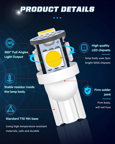 30 Pack 194 LED Bulb Warm White 3000K T10 Wedge LED Bulb 5SMD 5050 Chips 168 LED - Picture 4 of 12