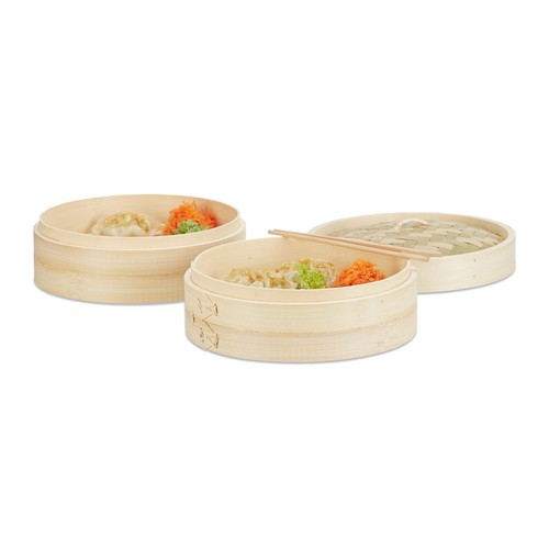 Bambusdämpfer 3 teilig 2 Dampfkörbe mit Deckel f Reis u Dim Sum Dampfgarer mit - Bild 17 von 24