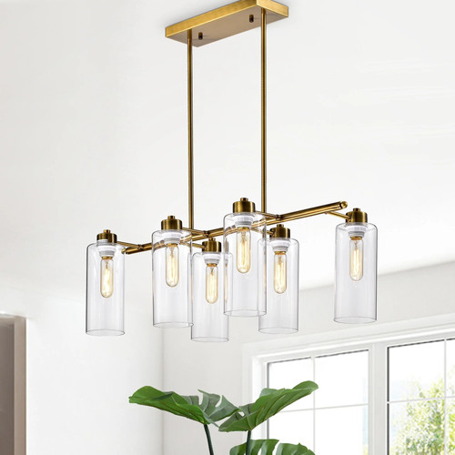 Pameron 6-light Satin Gold Chandelier with Glass Pillar Gold - Picture 2 of 3