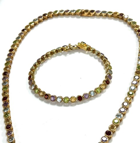 Multi-Gemstone Gold Vermeil 925 Sterling Silver Tennis Necklace & Bracelet Set - Picture 2 of 8