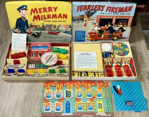 Lot of 2 Vintage Fearless Fireman & Merry Milkman Board Game~Hasbro Toys 1950's