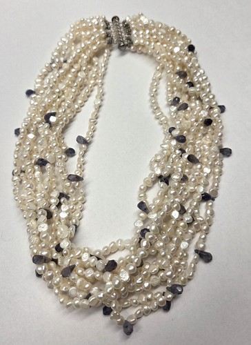 Freshwater Pearl Amethyst Sterling Silver 10 Strand Necklace 18" L 925 Cultured - Picture 9 of 18