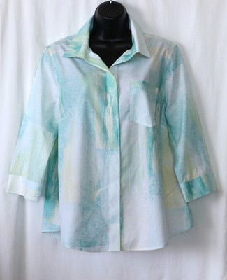 CHICO'S No Iron Misty Print VNck Blse 3/4 Slvs 44 In Chst 26 In Lng Sz 2 (L) EXC