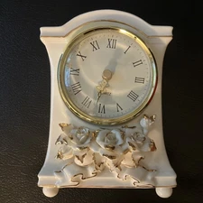 Avon Winter Rose Quartz Mantel Working Clock 2005 Porcelain Cream w/Gold Gilding