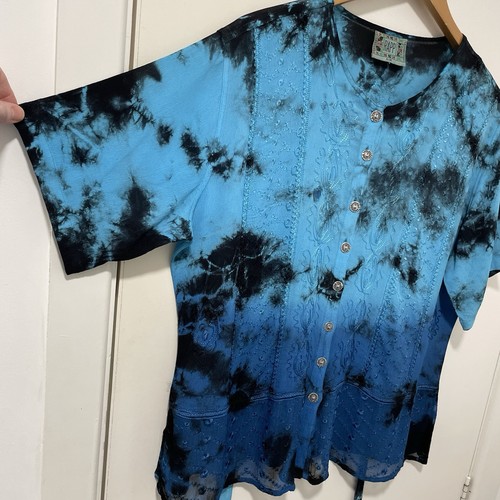 Vintage RAPP Embroidered Tie-Dye Boho Blouse S/M Blue Hippy Witchy Gypsy Ethnic - Picture 10 of 22