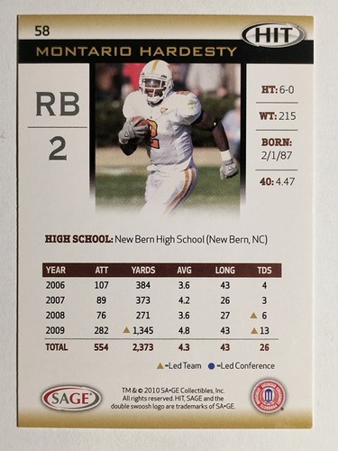 2010 SAGE HIT #58 Montario Hardesty - Picture 2 of 2