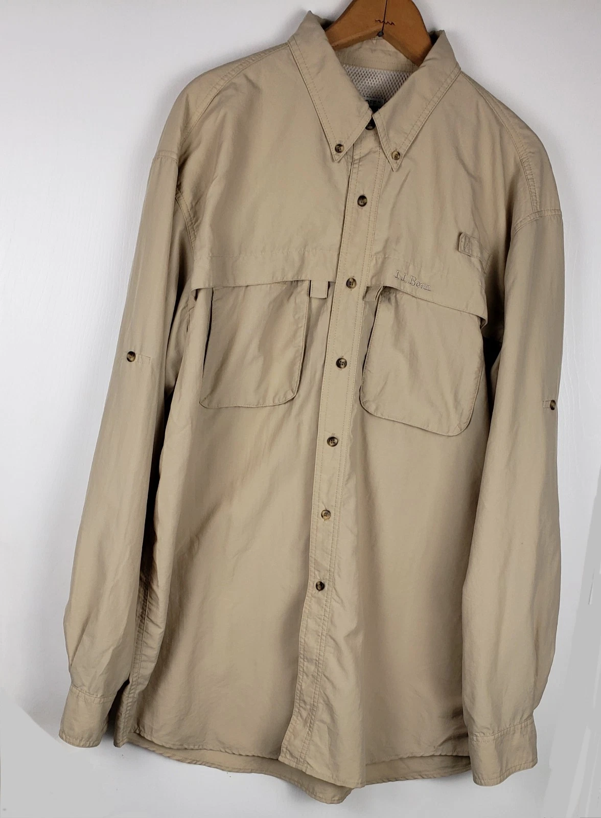 L.L.Bean Shirt Mens Beige Buzz Off Fishing Hiking Vented Large Tall. Roll tab