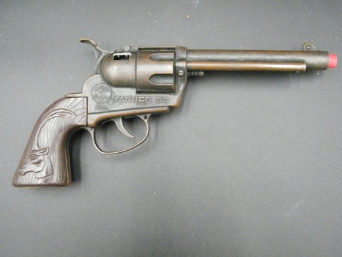 Vintage Mattel Fanner 50 Western Rodeo Cowboy Spielzeugpistole USA braun Handgriffe